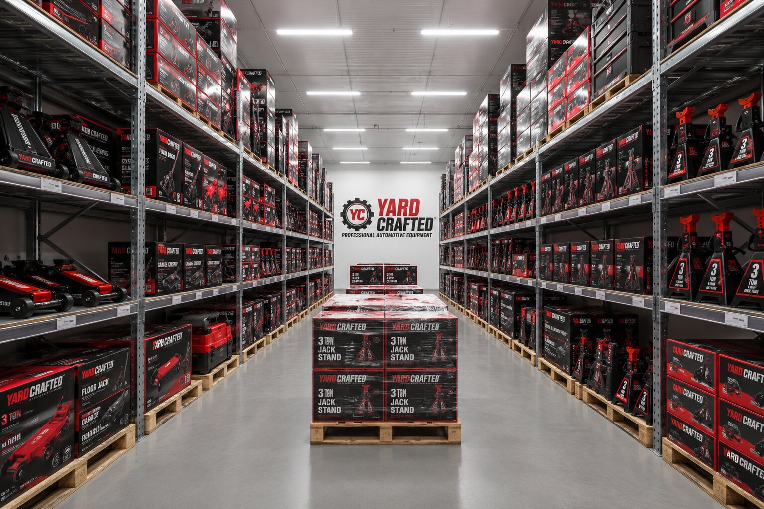 Yard Crafted warehouse stocked with jack stands and automotive tools